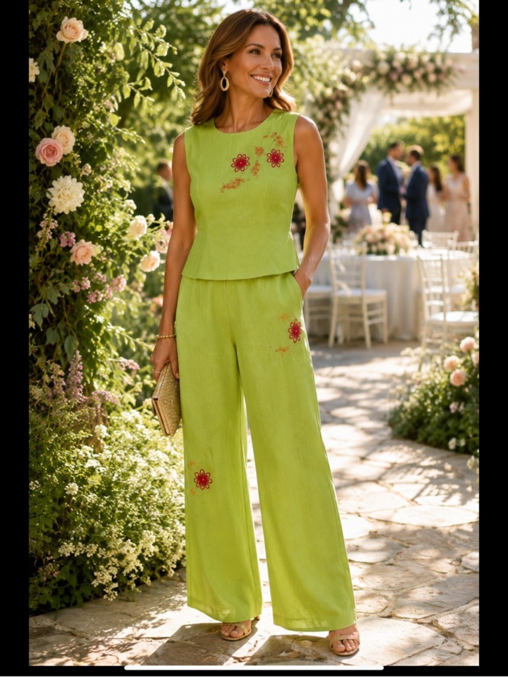 Embroidered Linen Blend Pant Set Lime Floral Garden Party Wedding Guest Y2K Sz 8